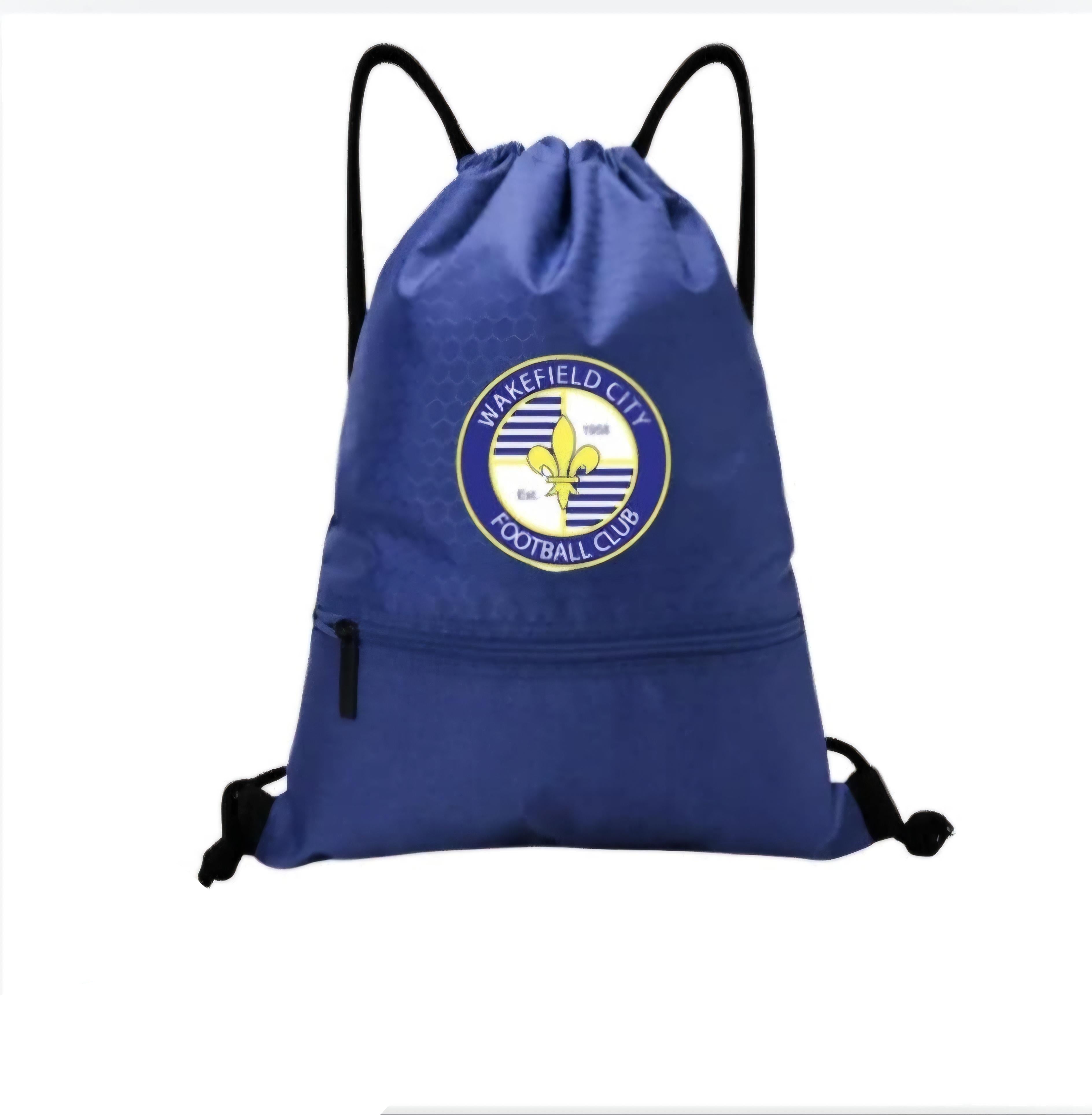 A royal blue drawstring bag with a custom logo of Wakefield City Sports on the front, featuring a white and yellow emblem. The bag has a zip pocket on the front and is branded with 'All about Annie' at the bottom.