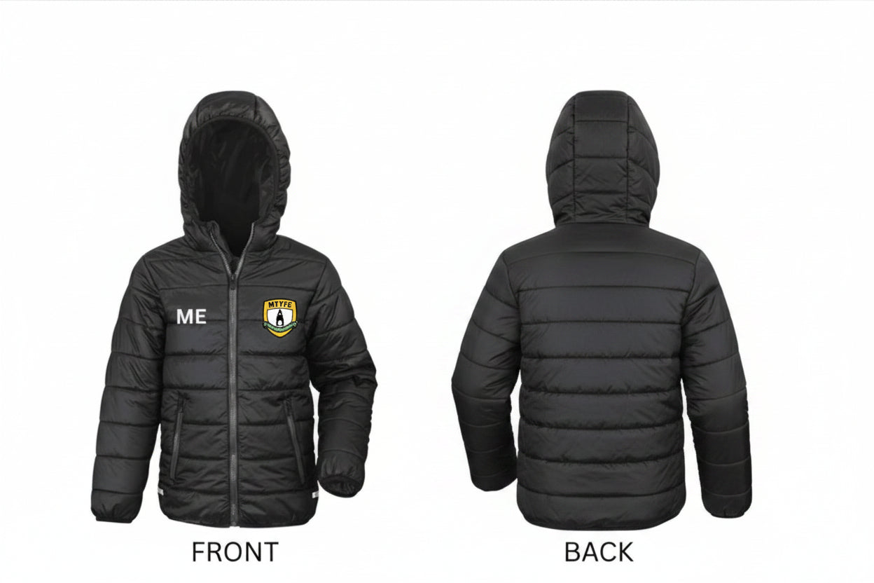 Black puffer jacket with logos on front and back on a white background
