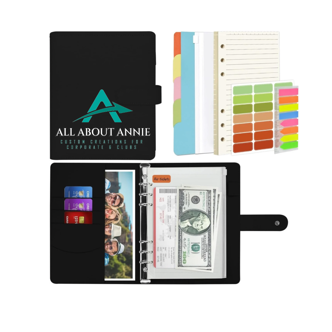 A black personal organiser binder with a logo printed on the front cover. The binder has a strap closure and is displayed against a white background.