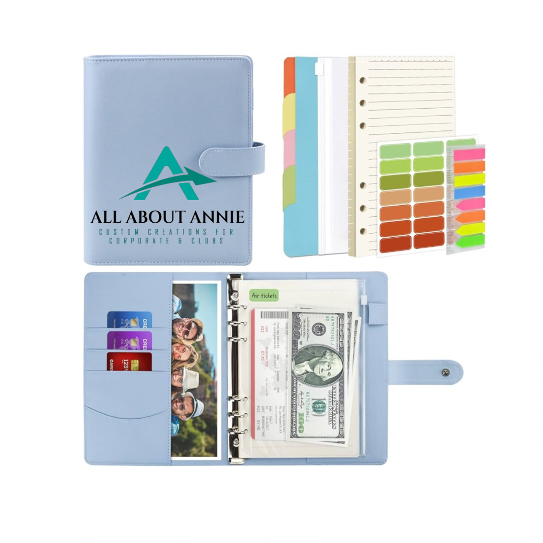 A black personal organiser binder with a logo printed on the front cover. The binder has a strap closure and is displayed against a white background.