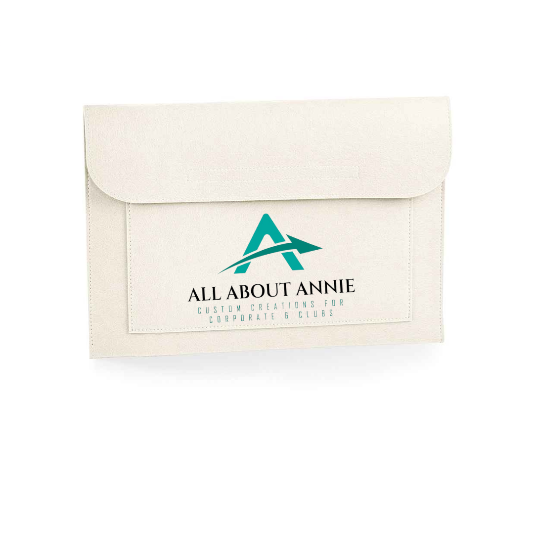 A white felt laptop and document sleeve with the brand 'All About Annie' displayed on the front.