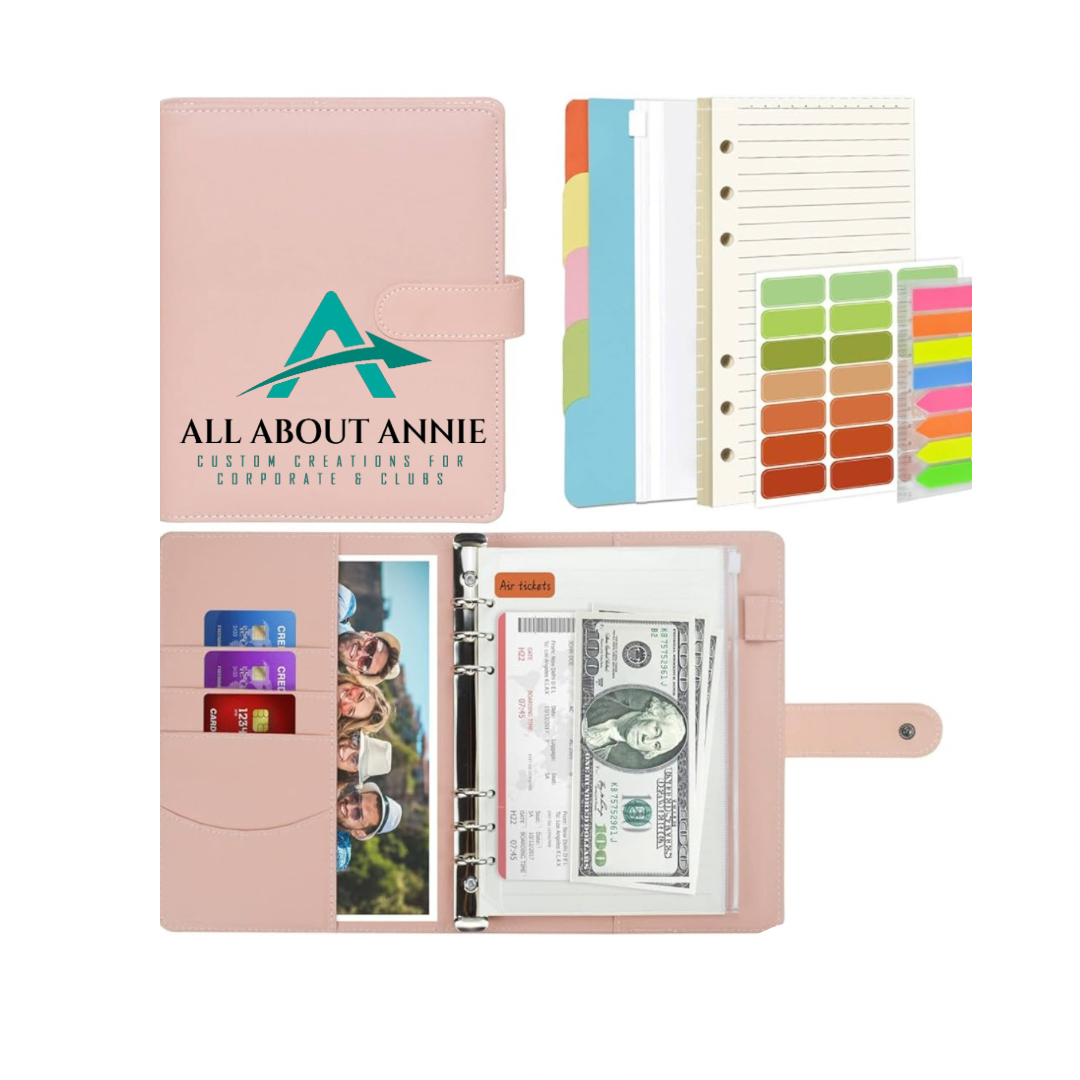 A black personal organiser binder with a logo printed on the front cover. The binder has a strap closure and is displayed against a white background.