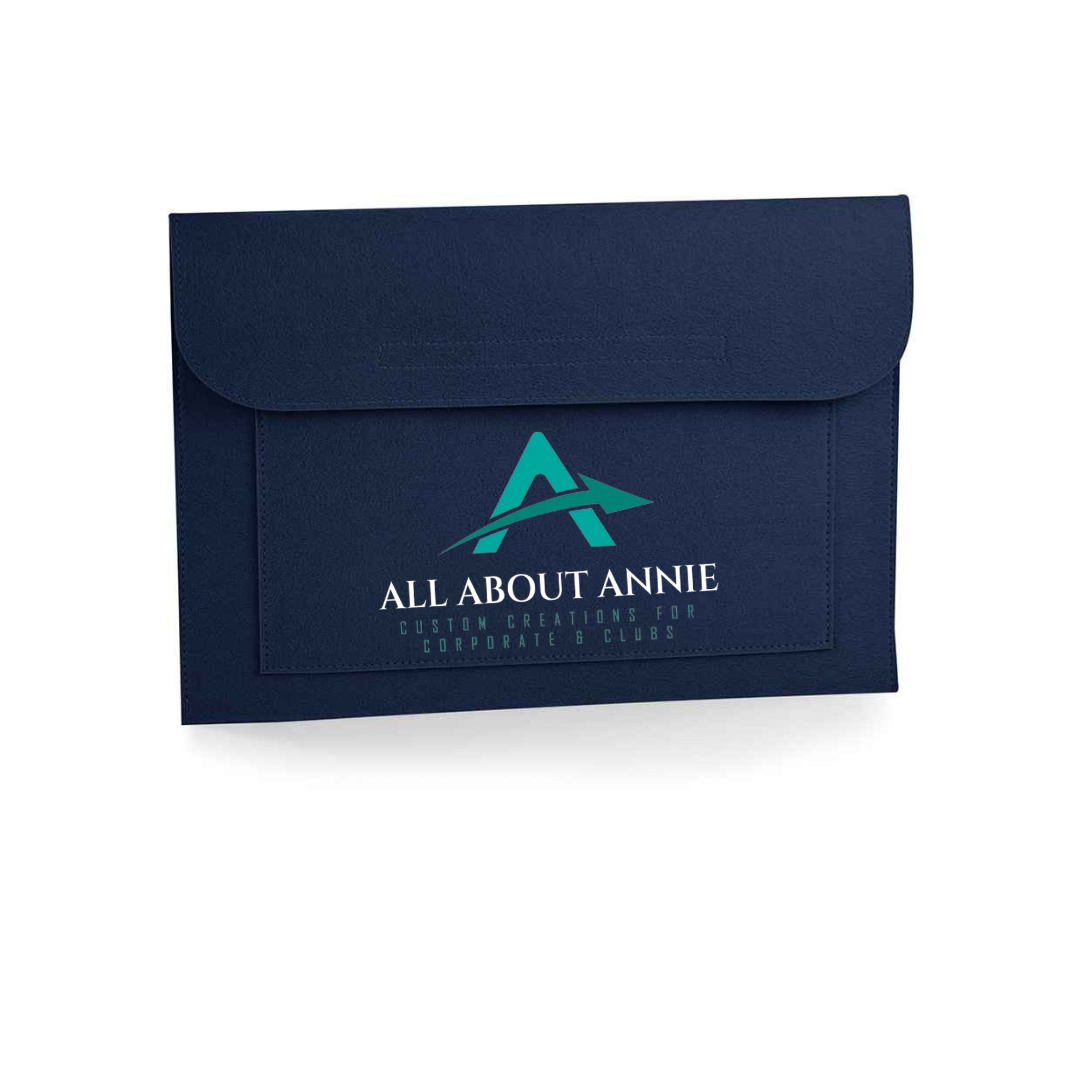 A white felt laptop and document sleeve with the brand 'All About Annie' displayed on the front.