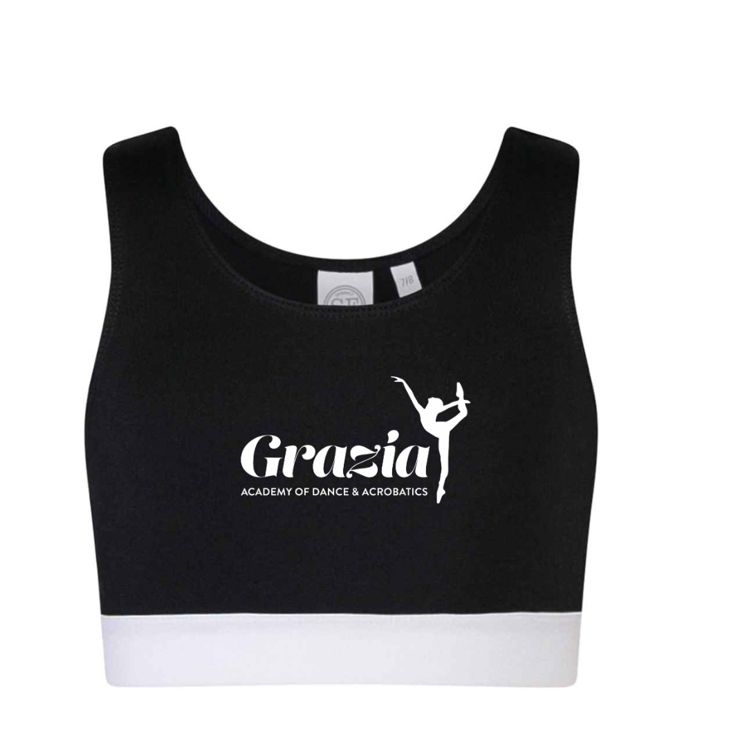 Black sports bra with 'Grazia Academy of Dance & Acrobatics' logo on a white background