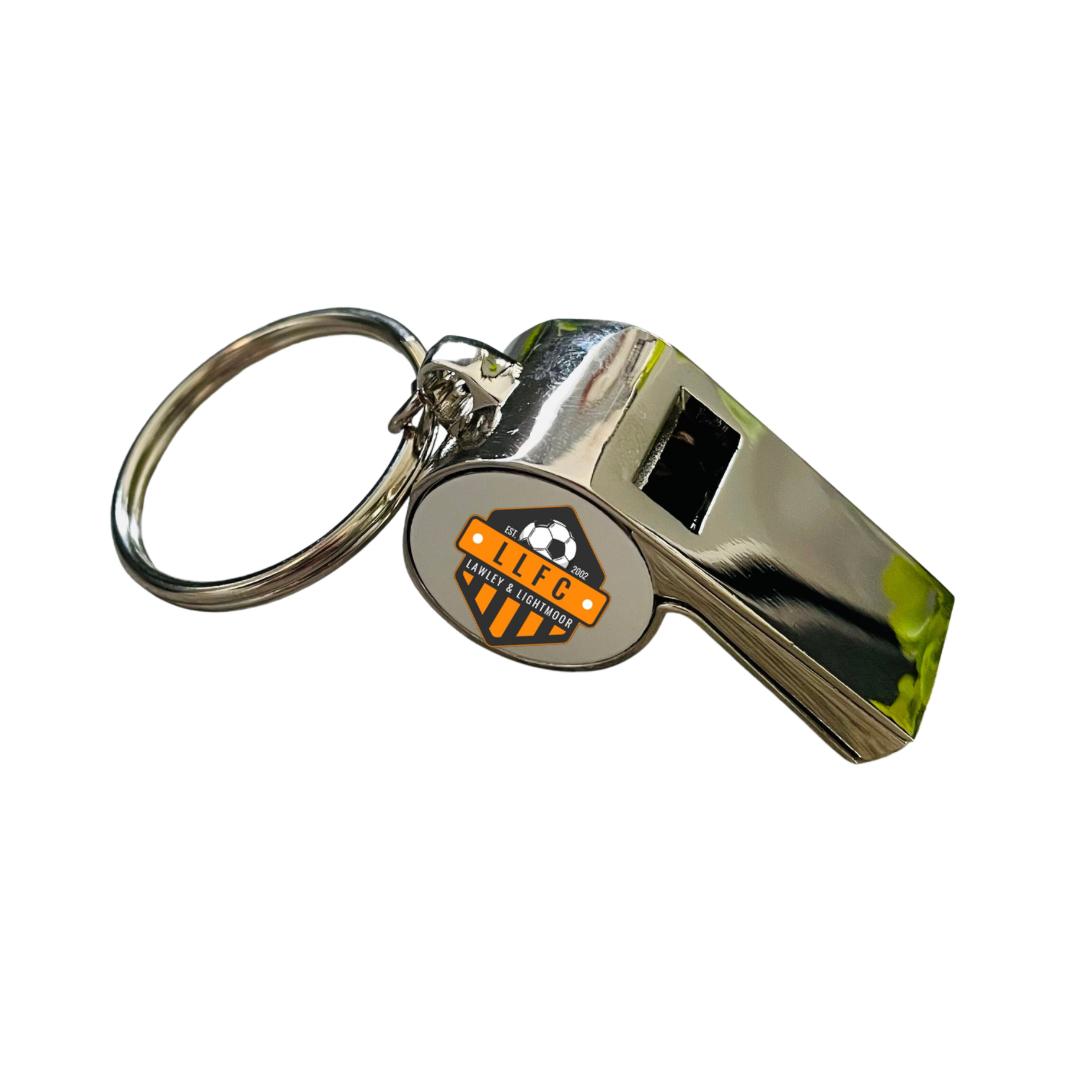 A silver whistle with a keyring and a logo on the side, against a white background.
