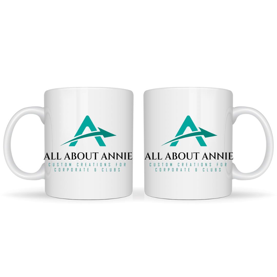 Two white ceramic mugs with the logo 'All About Annie' printed on the side.