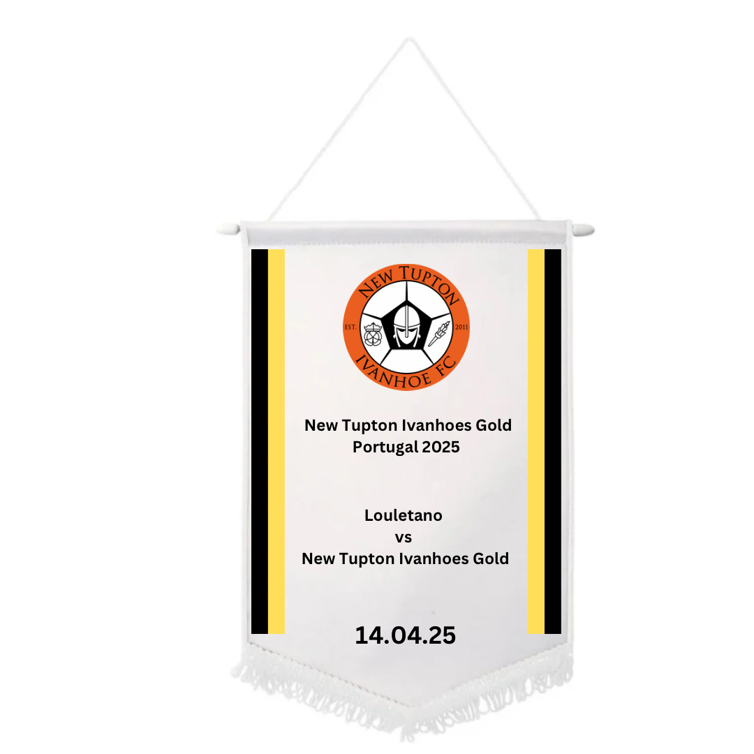 A custom sports pennant with printed text and a logo, featuring a white, black, and orange color scheme, displayed against a white background.