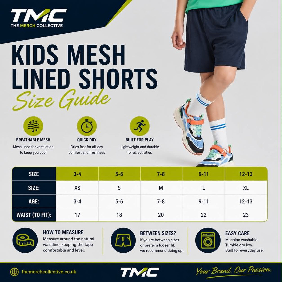 Kids Mesh Lined Shorts Size Guide
