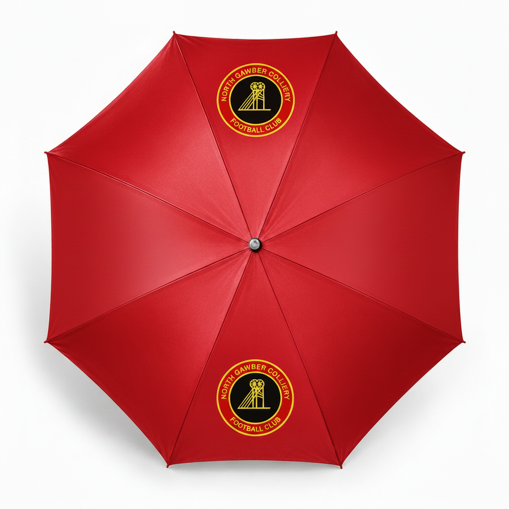 Red umbrella with a logo on a white background