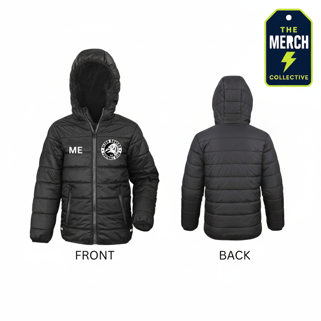 Black puffer jacket with 'Oulton Ravens Football Club' logo on front and back, branded 'The Merch Collective'.