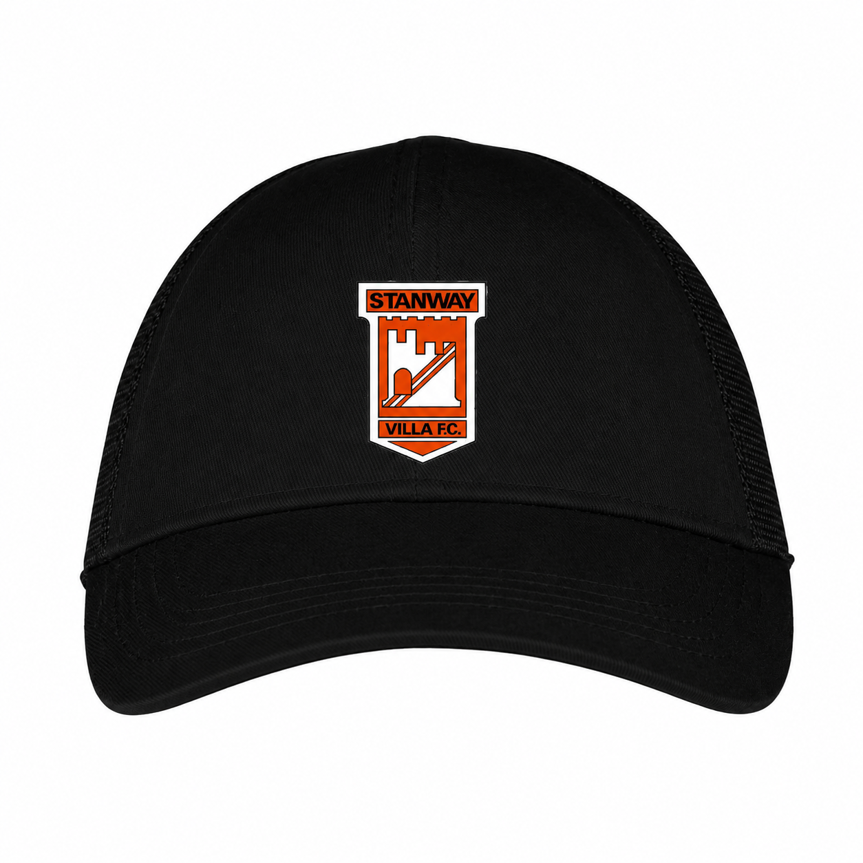 Black cap with Stanway Villa FC logo on a white background