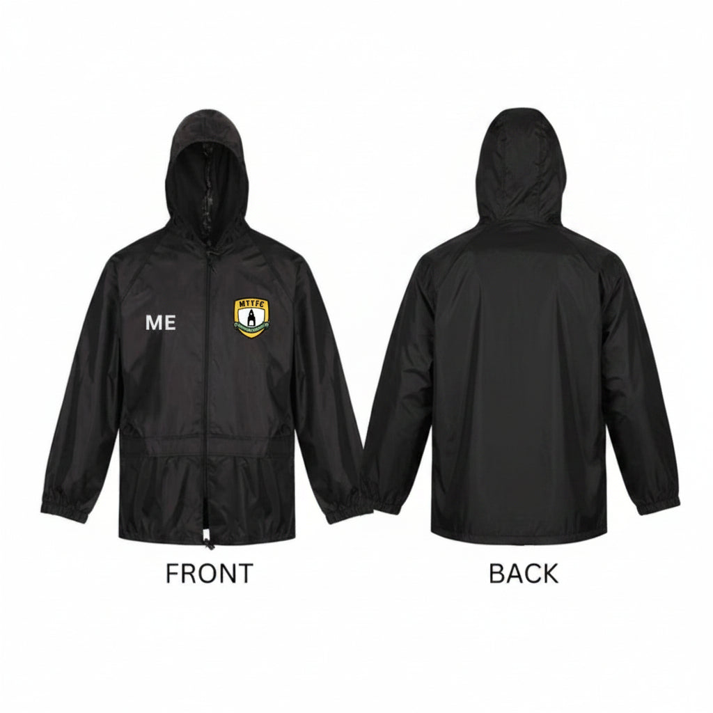 Black hooded jacket with logos on front and back, labeled 'Front' and 'Back'.