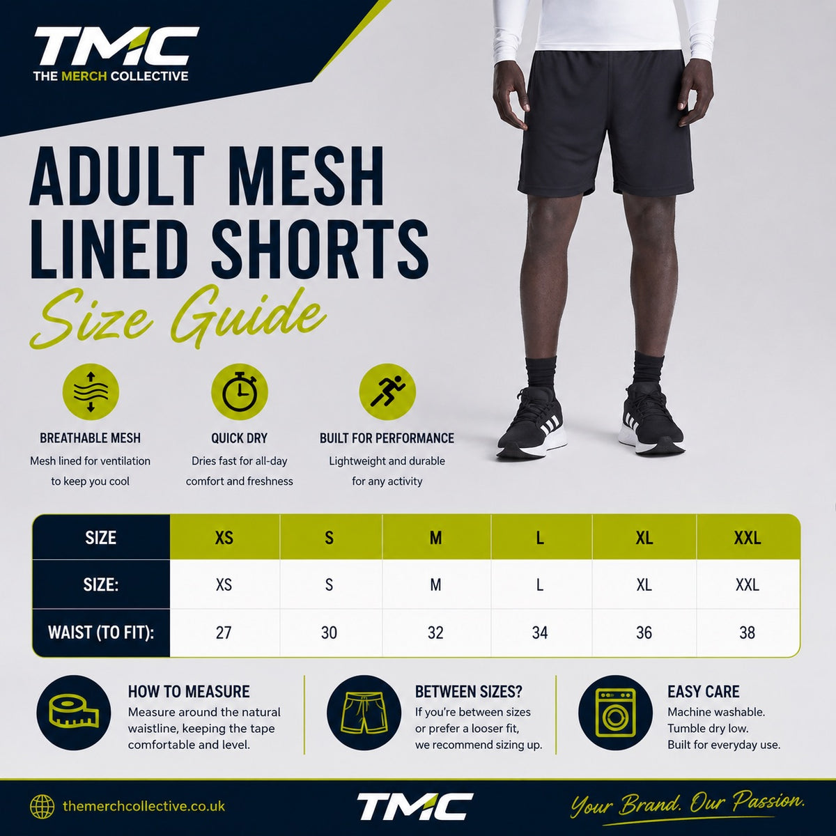 Adults Mesh Lined Shorts Size Guide