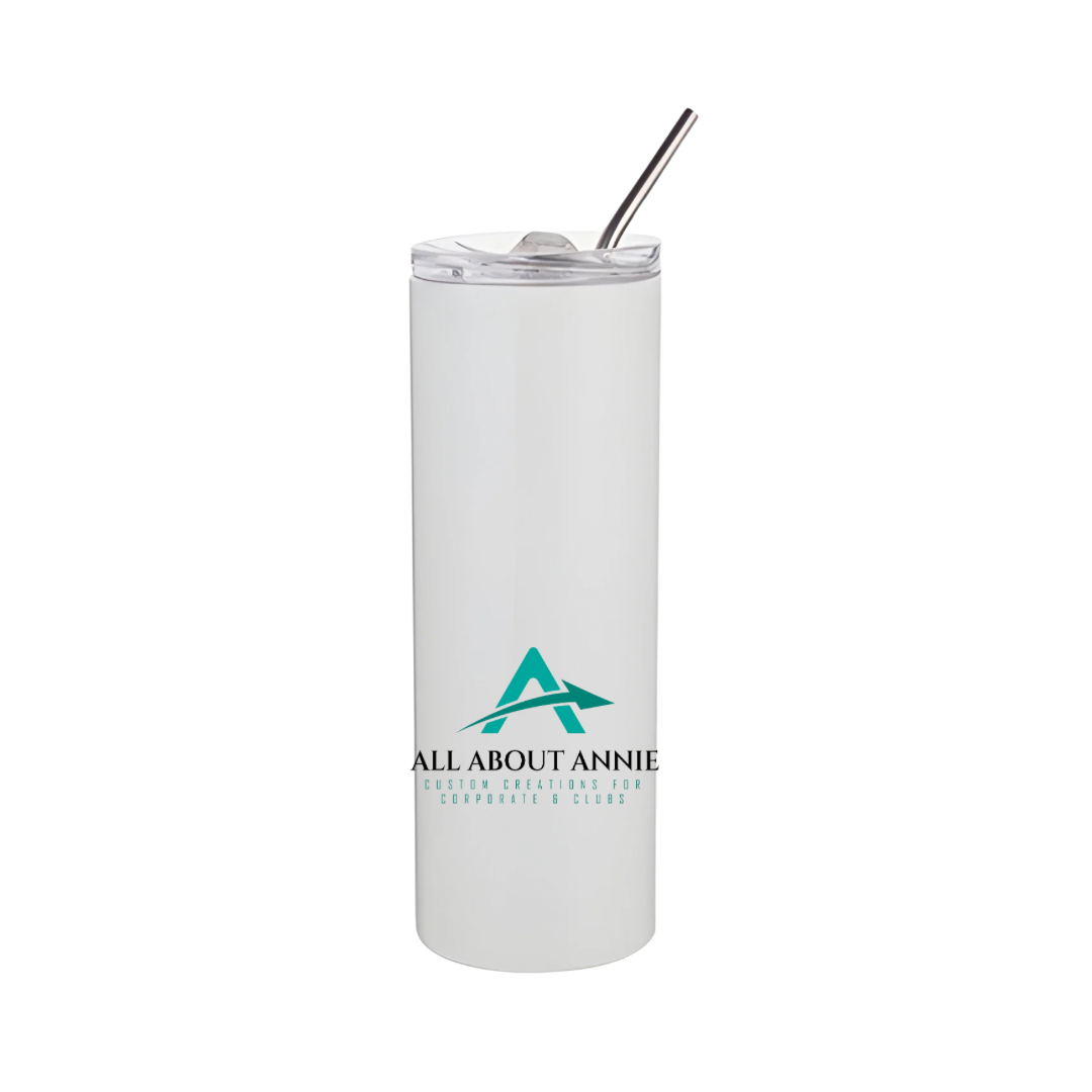 A white skinny tumbler with a lid and a metal straw, featuring a logo on the front.