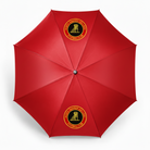 Red umbrella with a logo on a white background