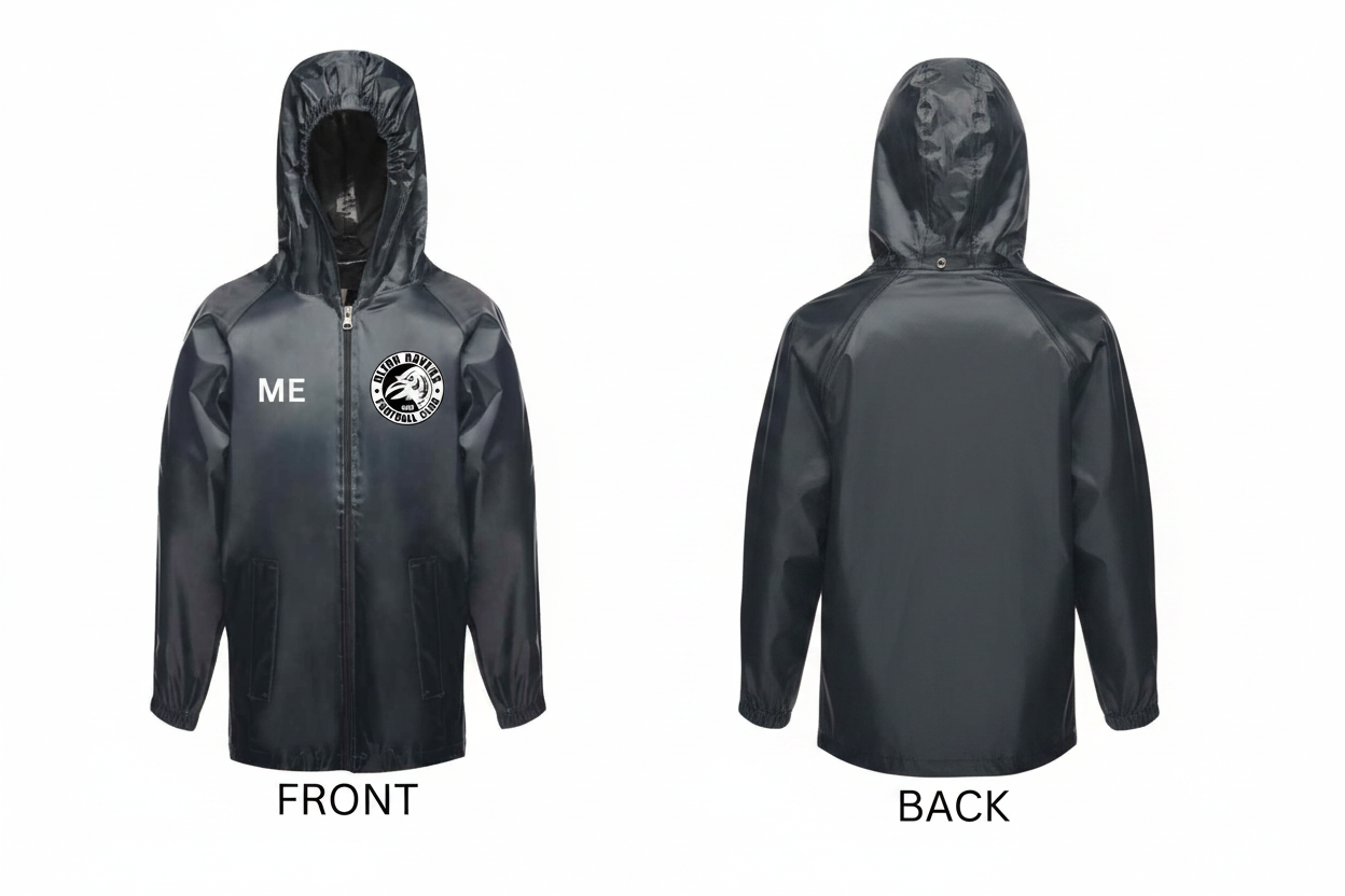 Black raincoat with a logo and text on front and back, on a white background