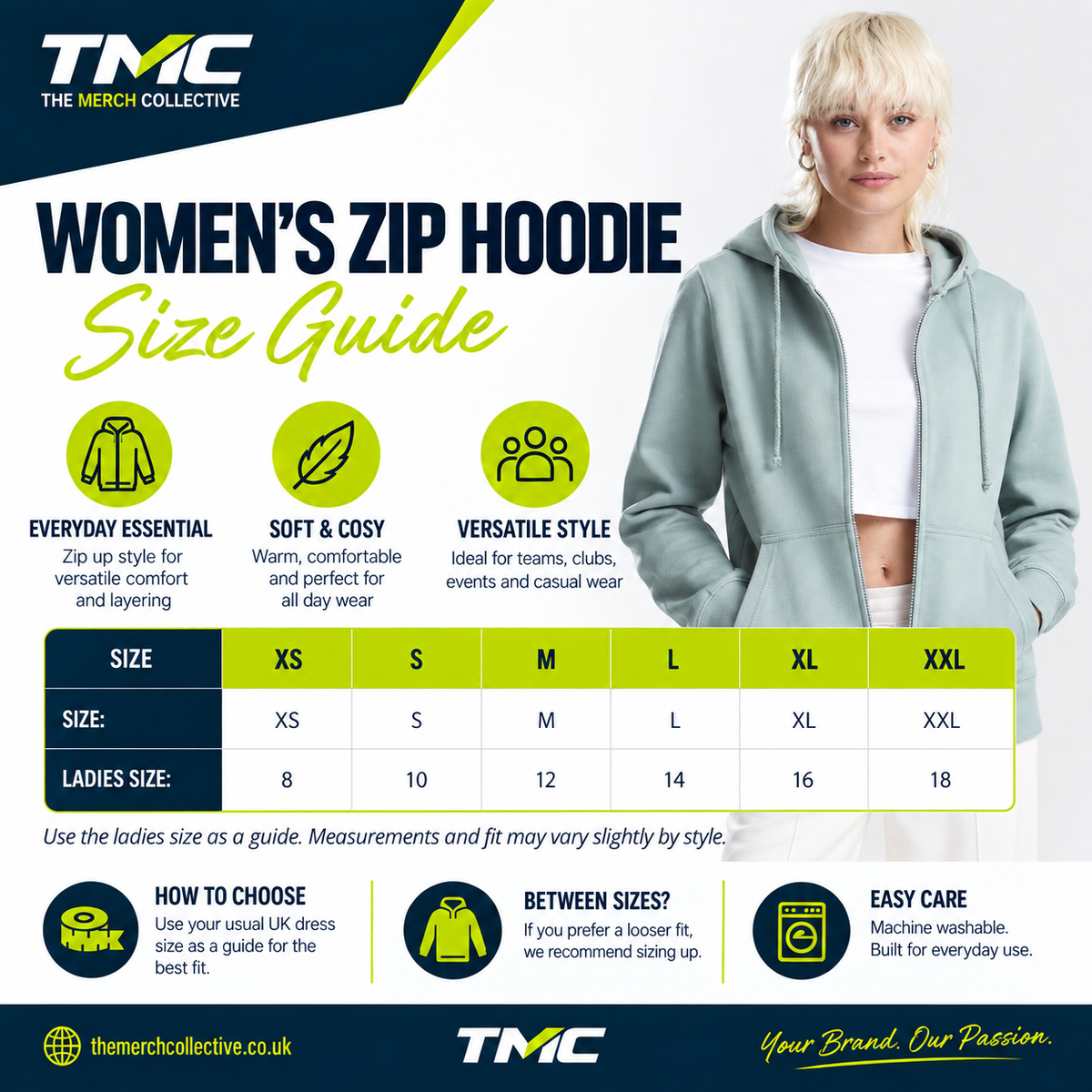 Womens Zip Hoodie Size Guide